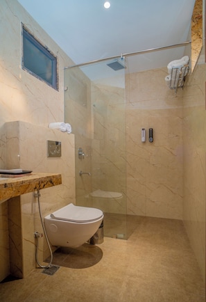 Douche, articles de toilette gratuits, sèche-cheveux, chaussons