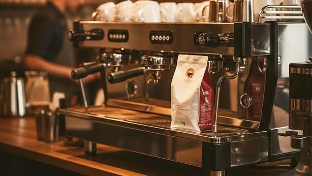 Una máquina de café con varios portafiltros, un paquete de café y un espumador de leche sobre una barra.
