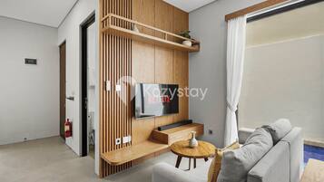 Villa, 3 Bedrooms, Balcony, Pool View | Living area | 43-inch Smart TV with cable channels, Netflix, streaming services