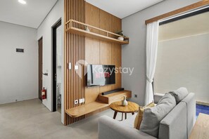 Villa, 3 Bedrooms, Balcony, Pool View | Living area | 43-inch Smart TV with cable channels, Netflix, streaming services