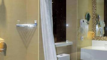 Hair dryer, bidet, towels, soap