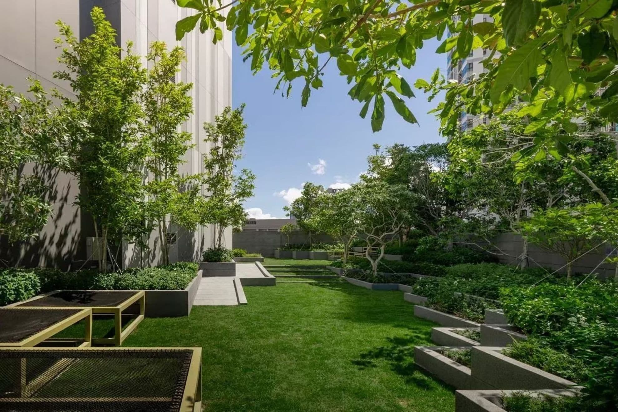 A well-maintained courtyard with a grassy lawn, concrete planters, and trees providing shade.