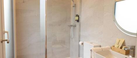 A modern bathroom with a glass-enclosed shower, a toilet, and a sink with a mirror.