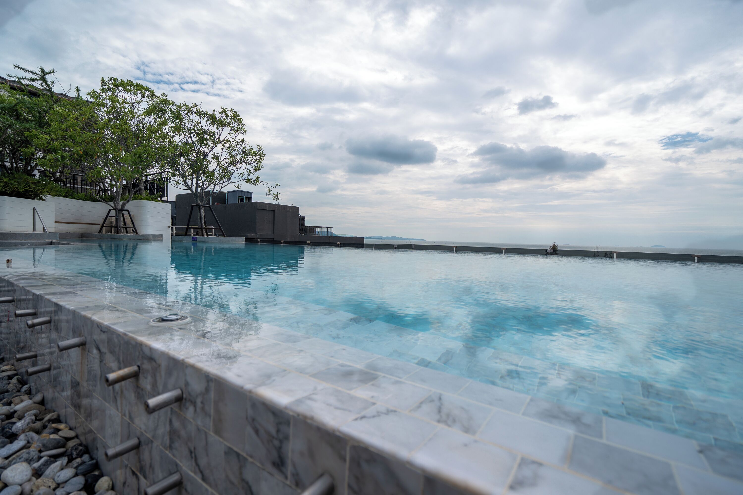 Outdoor pool, pool umbrellas, pool loungers