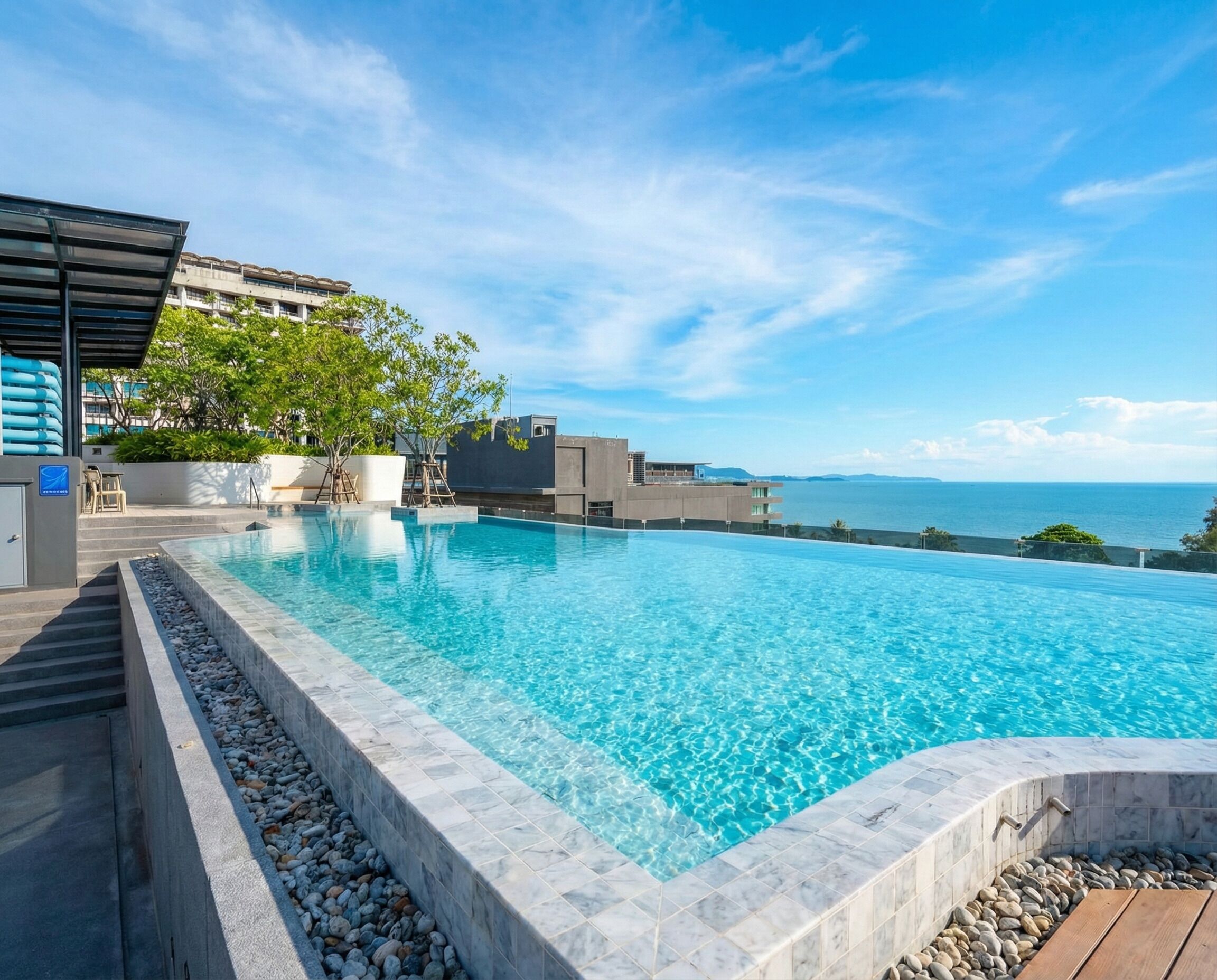 Outdoor pool, pool umbrellas, pool loungers