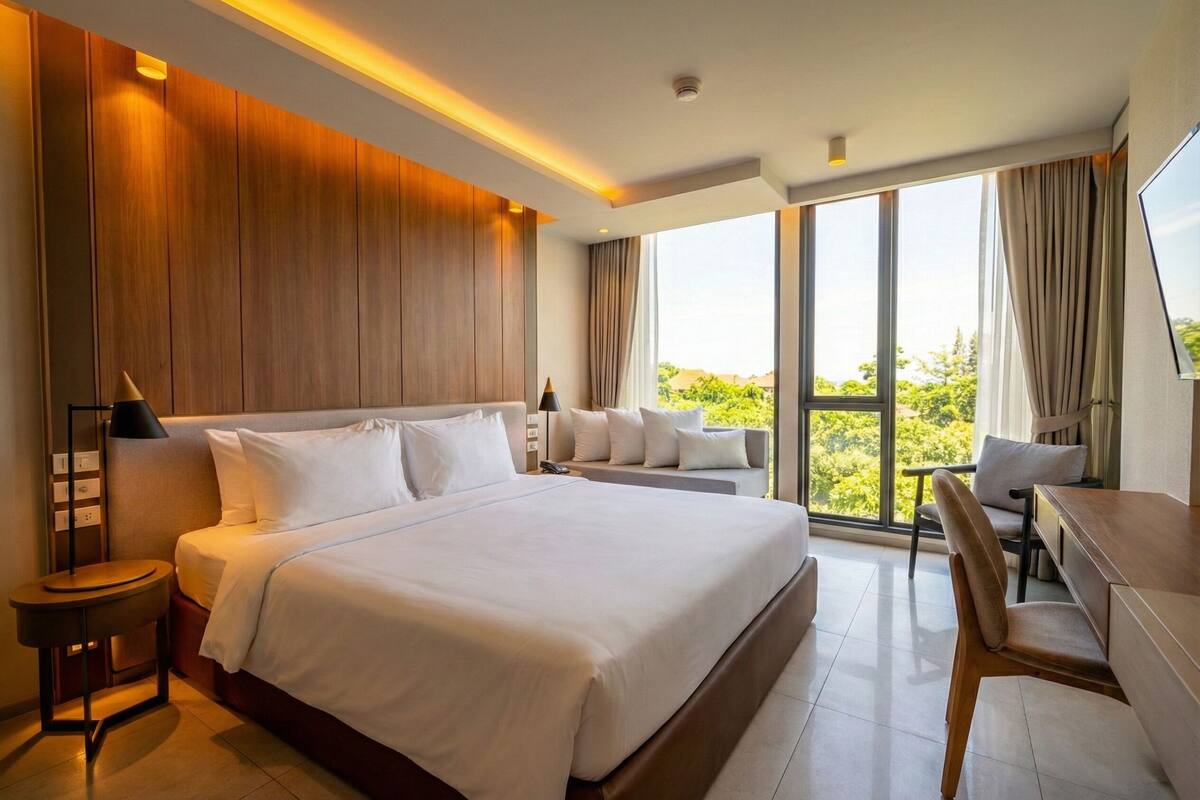 A modern hotel room with a large bed, a desk, and a view of greenery through large windows.