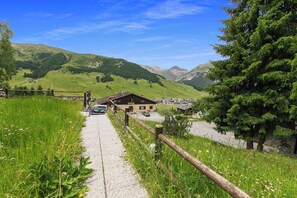 A rural mountain road leading to a building with a sloped roof, surrounded by greenery and mountains. - Casa Stefania (Livigno)