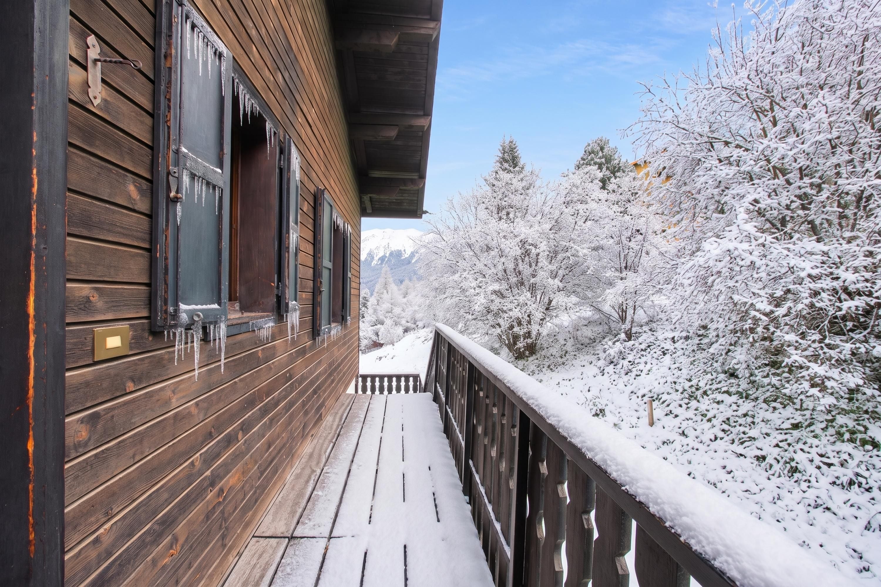 A wooden building with a balcony and snow-covered trees.