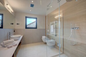 Regadera, bidet, toallas, jabón 