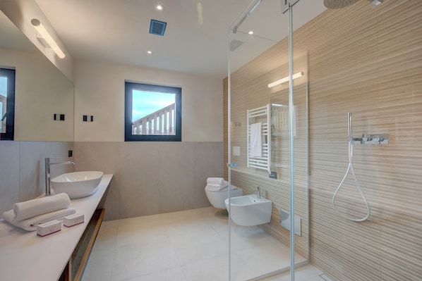 Shower, bidet, towels, soap