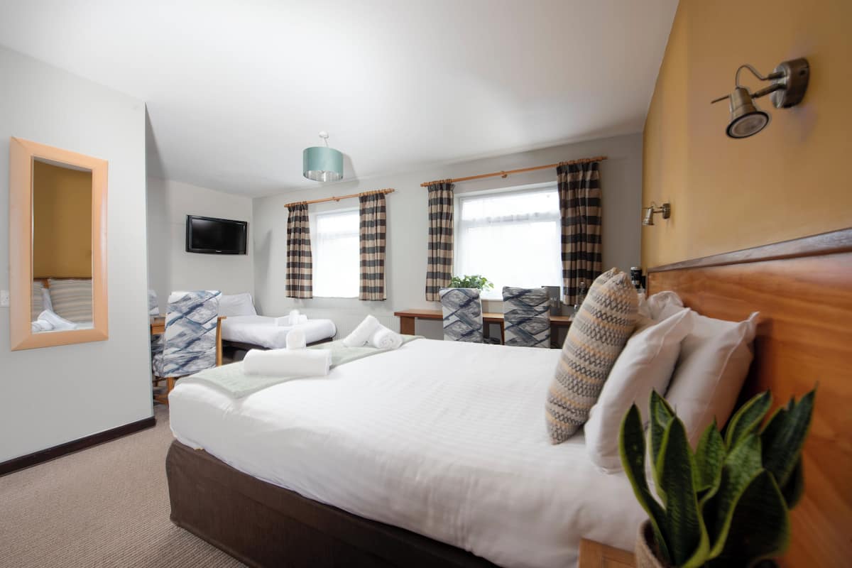 A hotel room with a large bed, a flat-screen TV mounted on the wall, a wooden headboard, and a potted plant.