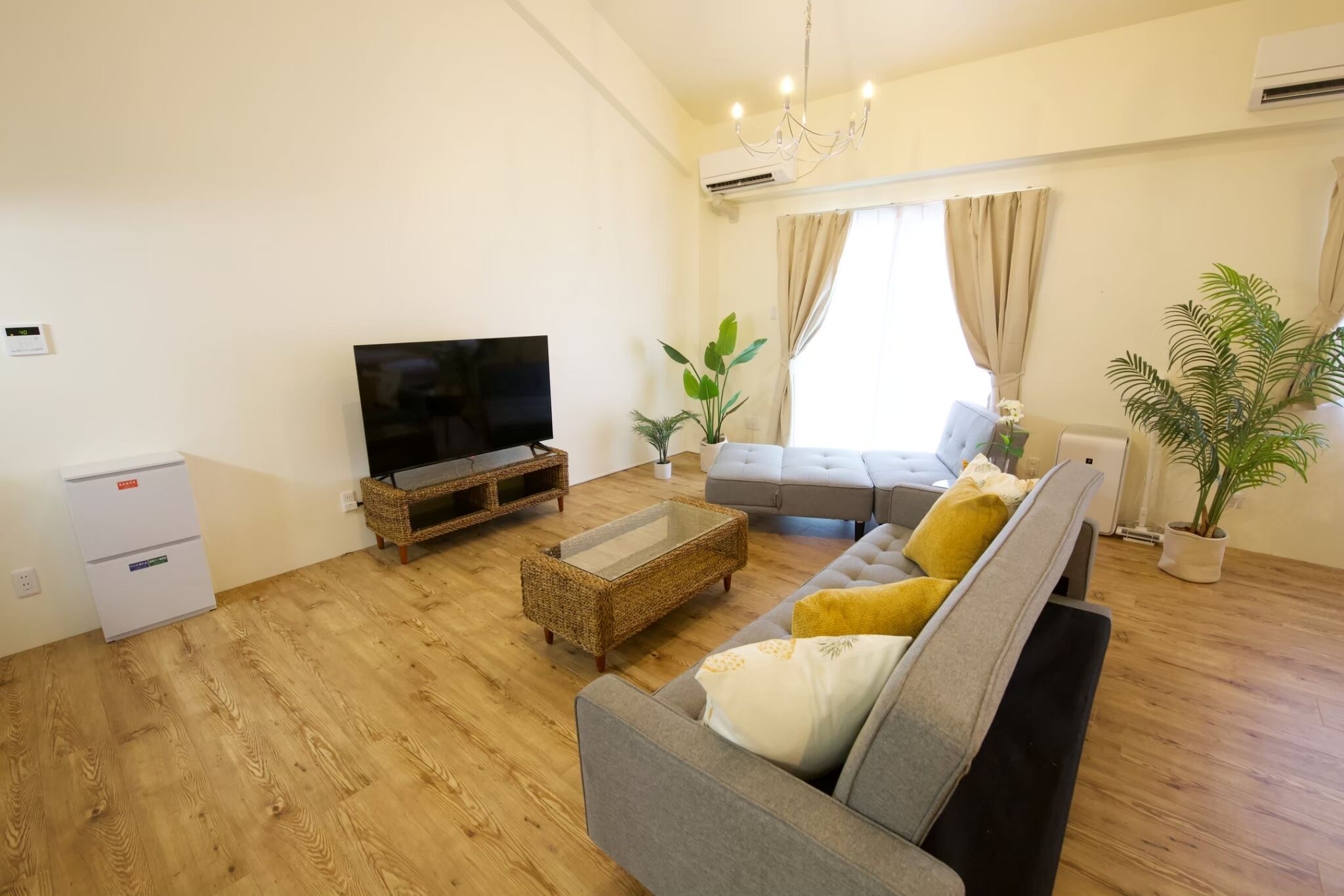 A living room with a flat-screen TV on a stand, a grey sofa with cushions, a wooden coffee table, and a potted plant.