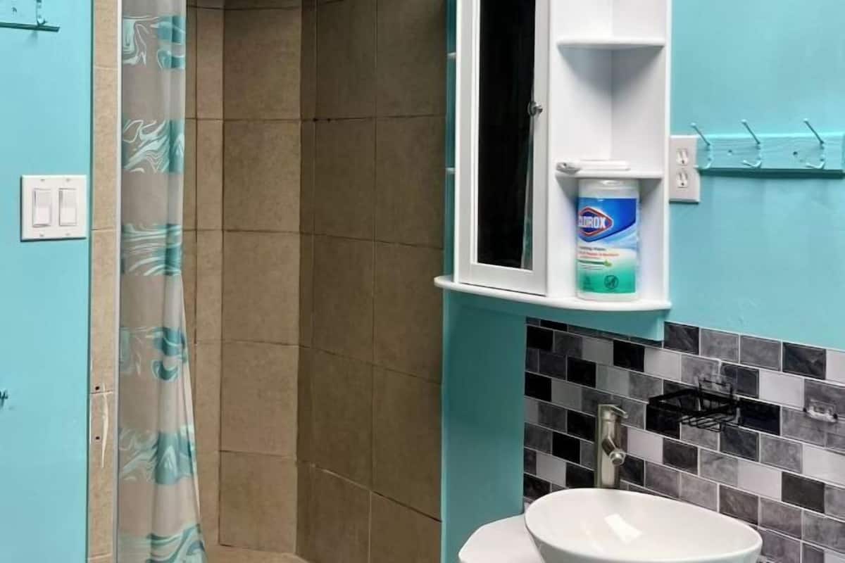 A bathroom with a white sink, a mirror cabinet, and a shower curtain.