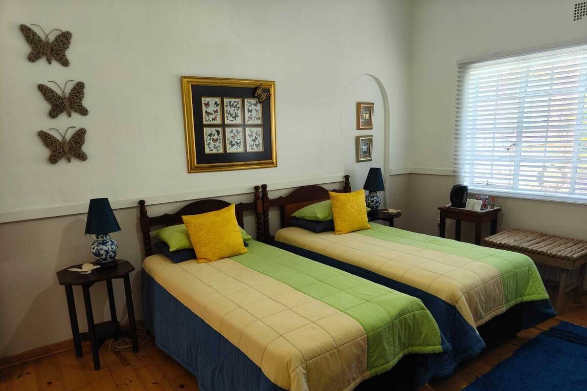 Une chambre avec deux lits, une fenêtre avec des stores et des éléments de décoration murale, notamment des tableaux encadrés et des motifs de papillons.