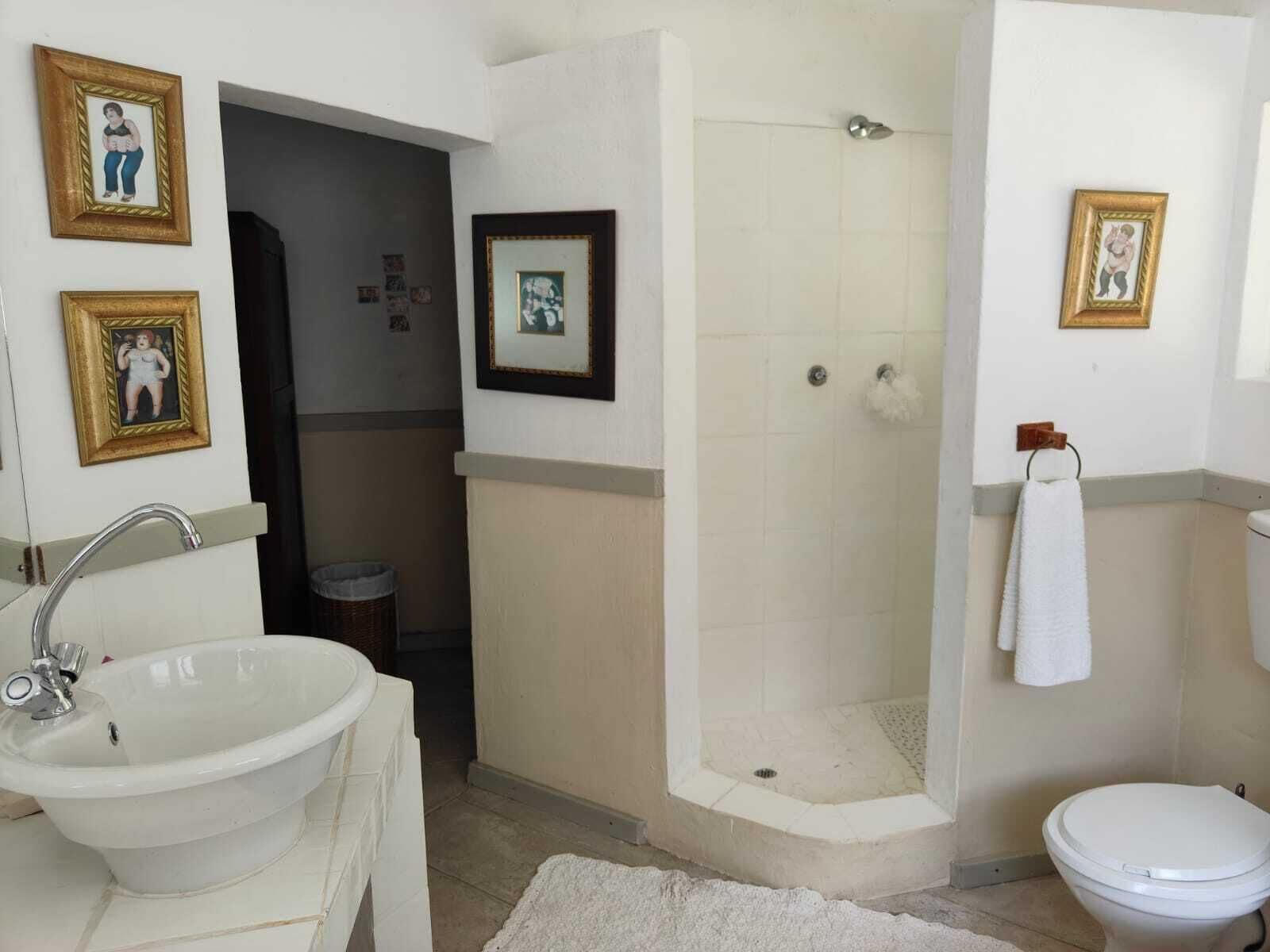 A bathroom with a sink, toilet, and shower. There are framed pictures on the walls.