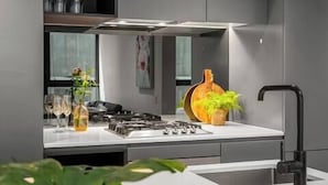 A modern kitchen with a gas stove, a sink, and a countertop.