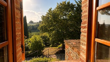 Una stanza con un'ampia finestra vista giardino e muro in mattoni.