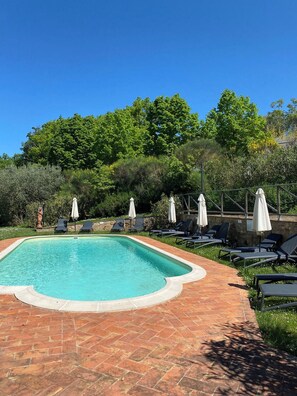 Seasonal outdoor pool, pool umbrellas, sun loungers