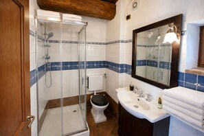 A bathroom with a glass-enclosed shower, a white toilet, a sink with a mirror, and a wooden door. - Agriturismo Borgo Sette Tigli (Montepulciano)