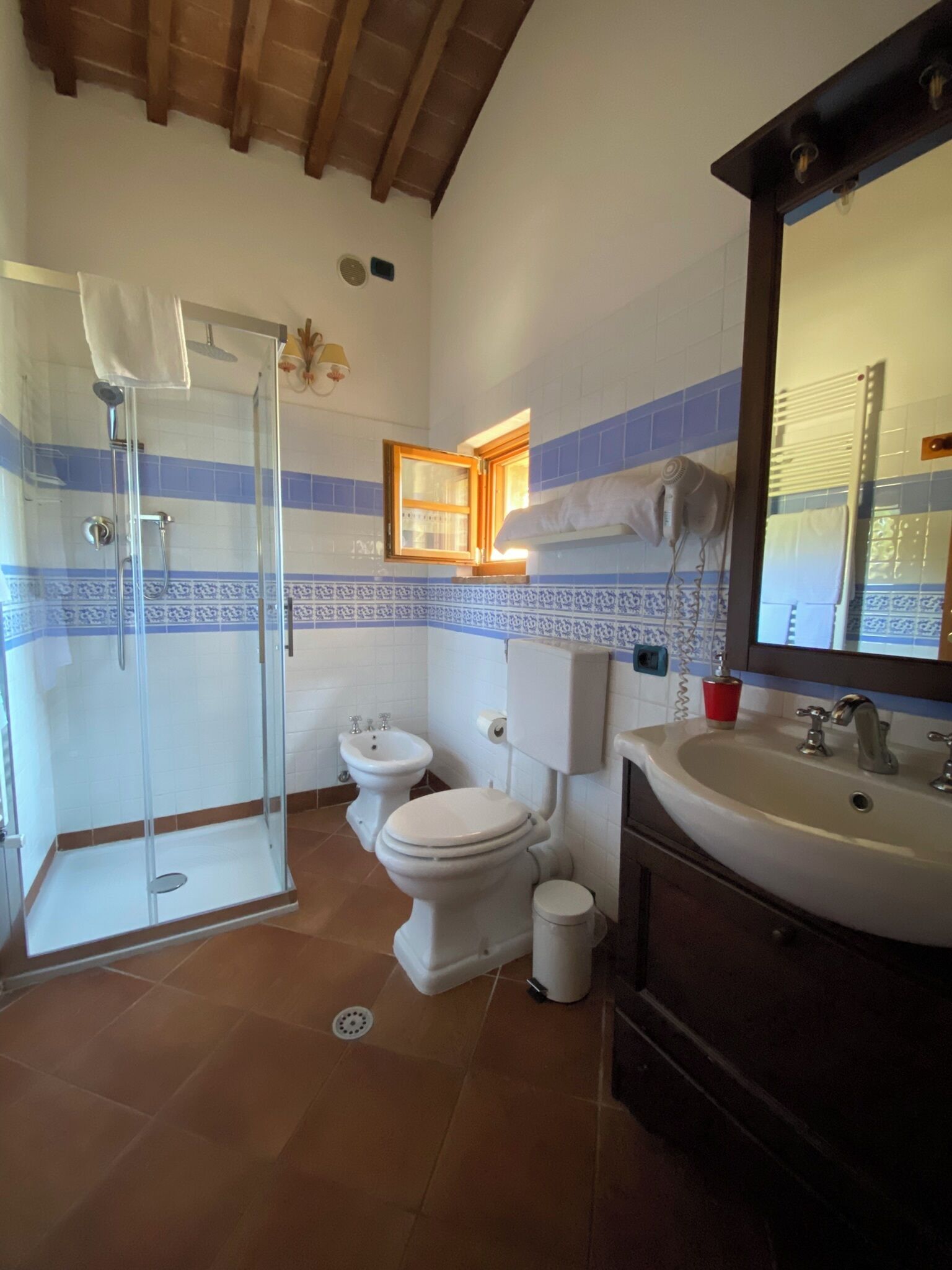 A bathroom with a glass-enclosed shower, a toilet, a sink, and a mirror.