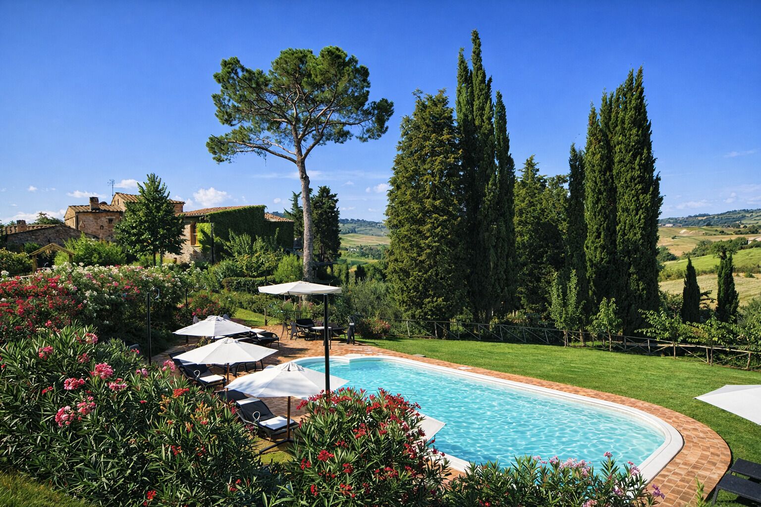 Seasonal outdoor pool, pool umbrellas, sun loungers
