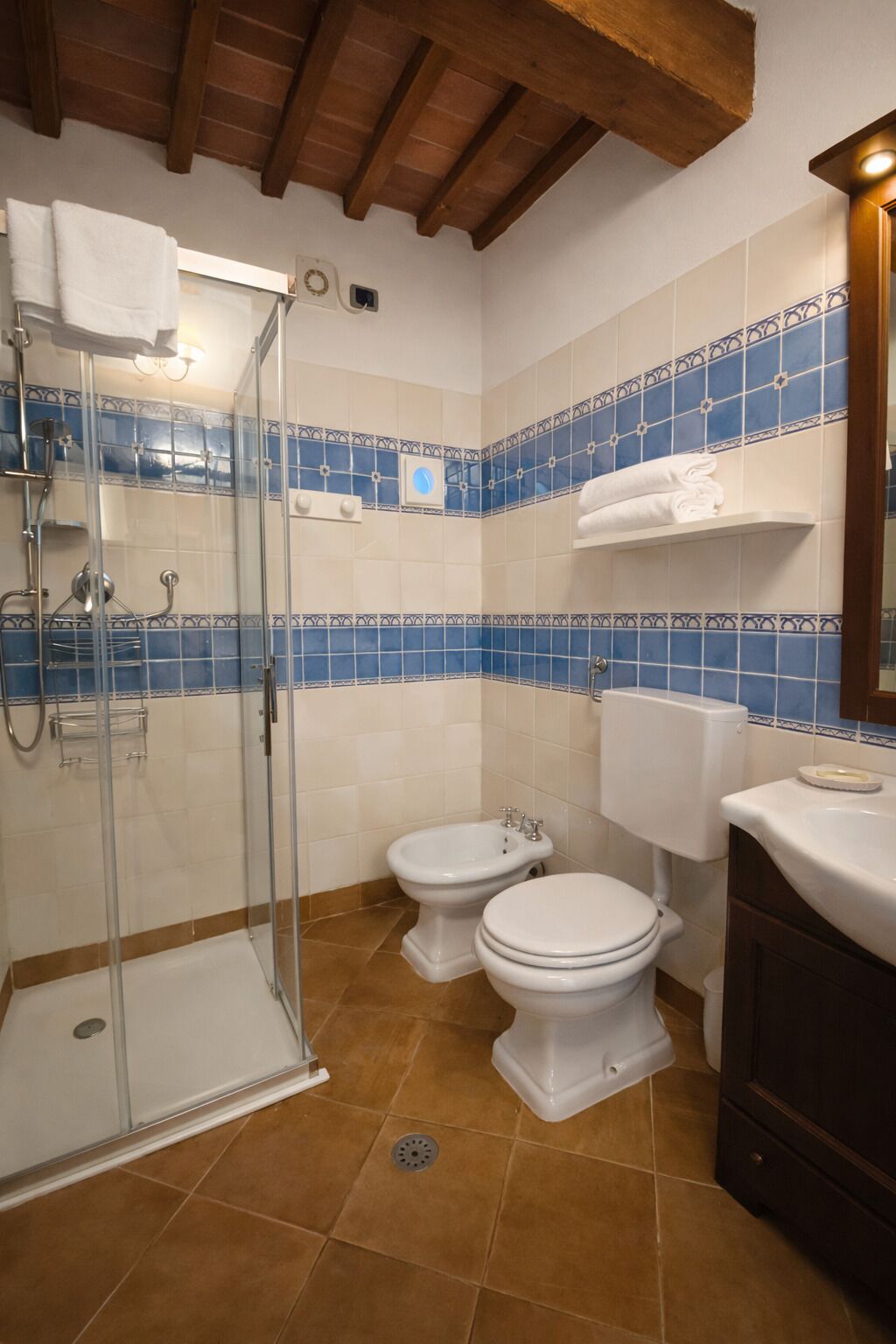 A bathroom with a shower, two toilets, a sink, and a mirror.
