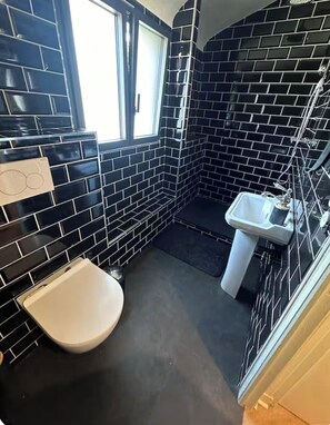 Shower, hair dryer, towels, toilet paper