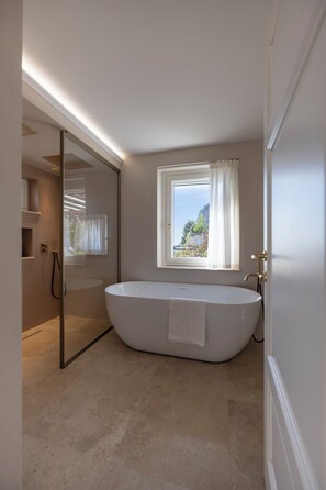 Shower, free toiletries, hair dryer, bidet
