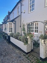 A row of white buildings with stone-paved streets, a metal gate, and potted plants.