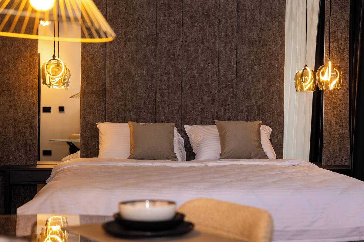 Laptop workspace, blackout curtains, soundproofing, iron/ironing board