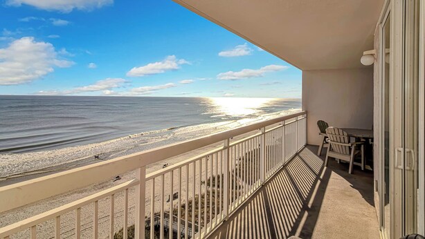 A balcony with a view of the beach and ocean. - Crescent Shores 810 Oceanfront, Pools, Lazy River (North Myrtle Beach)