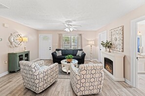 Smart TV, fireplace, books, video library