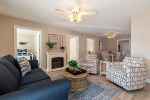 Smart TV, fireplace, books, video library