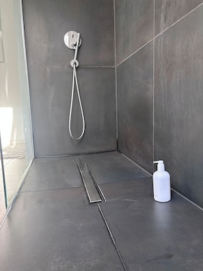 Shower, hair dryer, towels, toilet paper