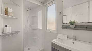 A modern bathroom with a glass shower enclosure, a vanity with a mirror, and a small potted plant on the countertop.