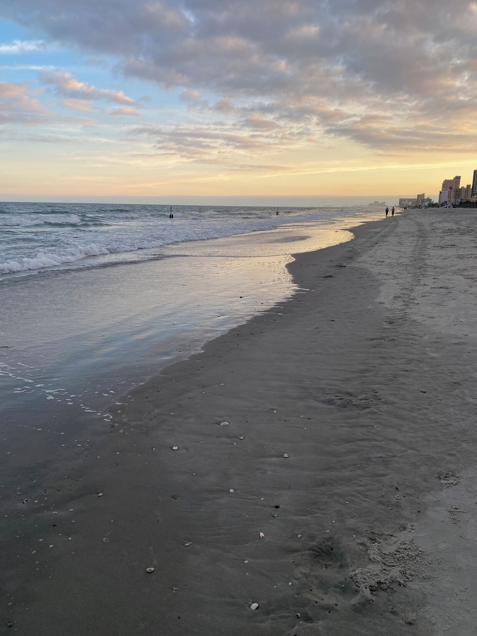 A beach with a wide sandy shore, a calm sea, and a city skyline in the background.