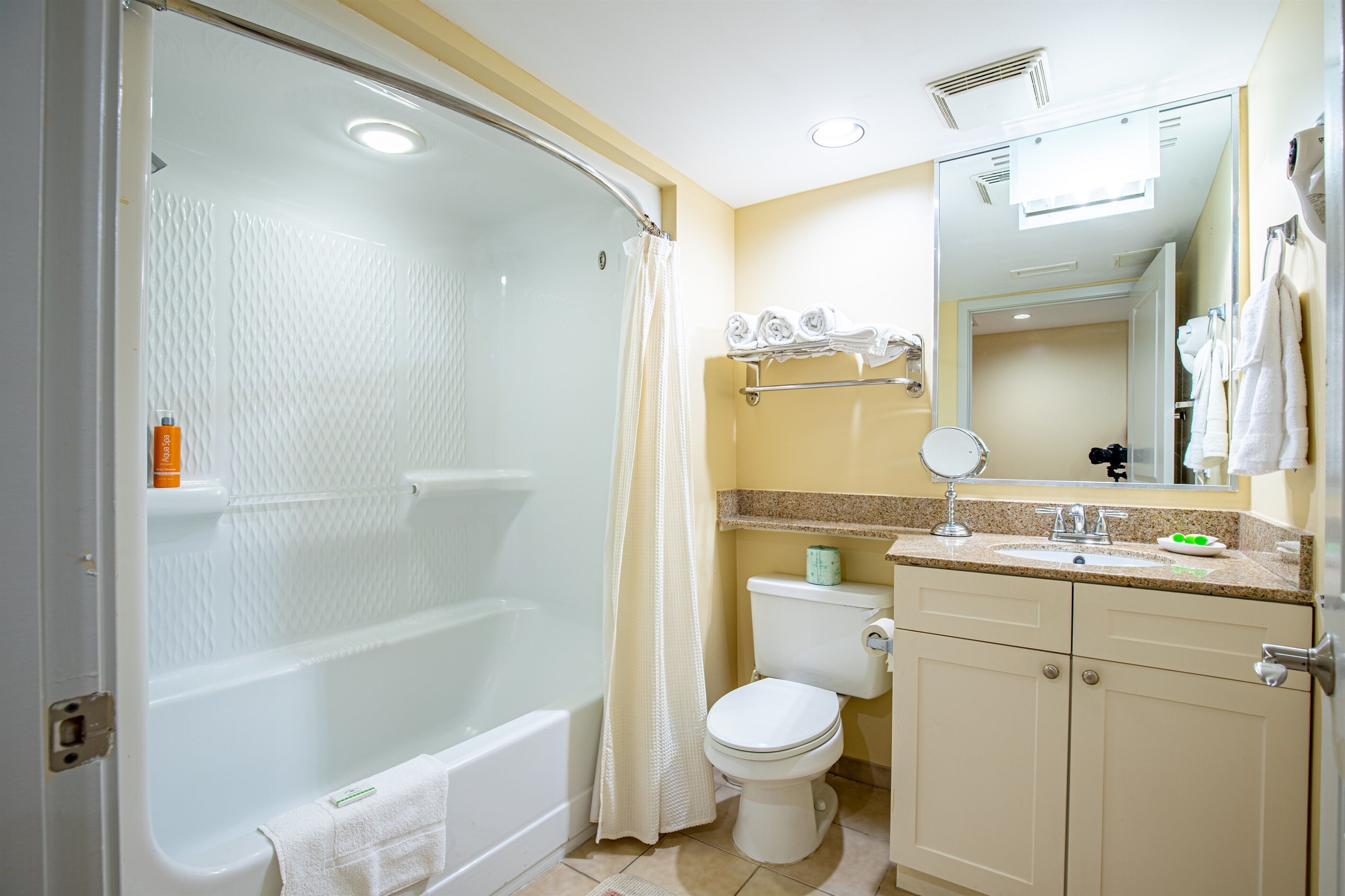 Une salle de bain avec une douche à parois de verre, des toilettes, un lavabo avec un miroir et un porte-serviettes.