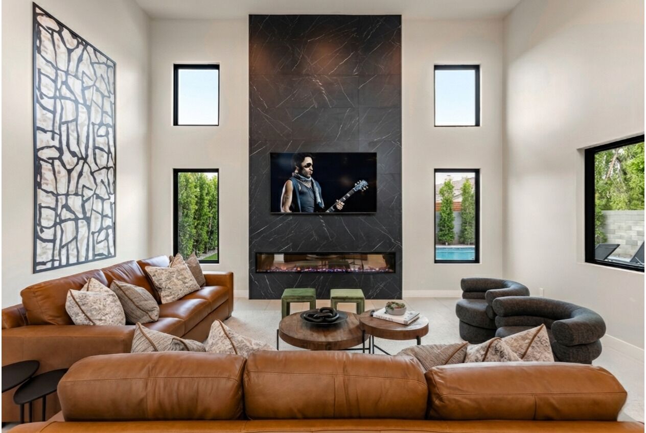 Smart TV, fireplace, books