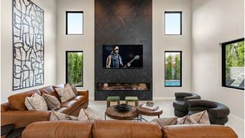 Smart TV, fireplace, books