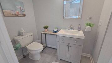 A bathroom with a toilet, sink, mirror, and a small plant on the counter.