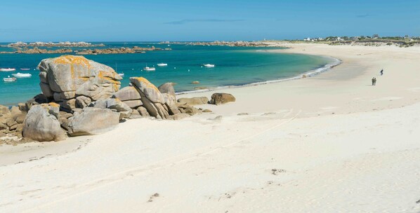 A beach with large rocks, a sandy shore, and boats in the water.