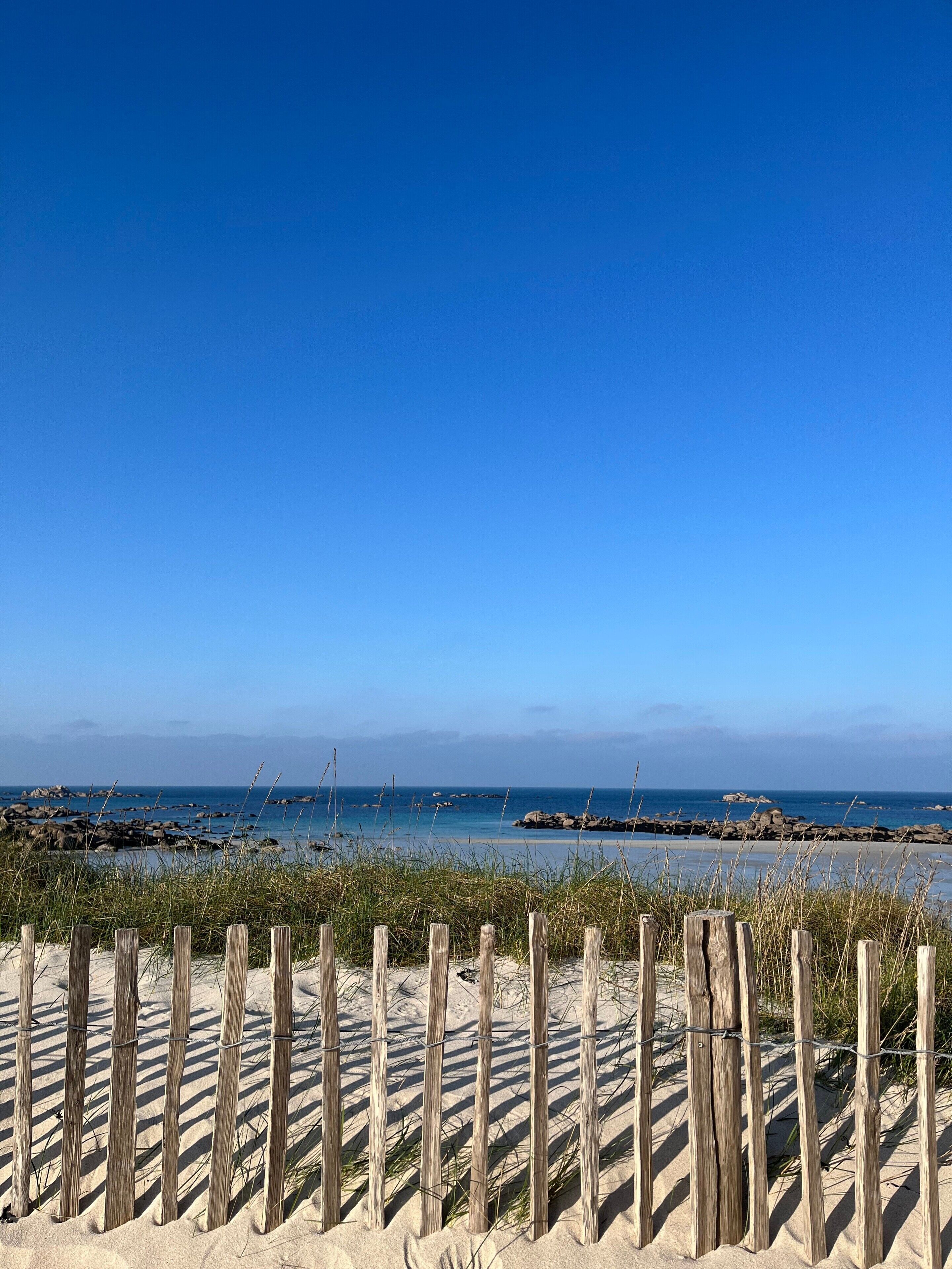 Een strand met een houten omheining op de voorgrond en een helderblauwe lucht.