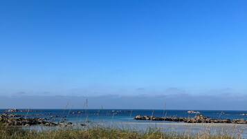 Een strand met een houten omheining op de voorgrond en een helderblauwe lucht.