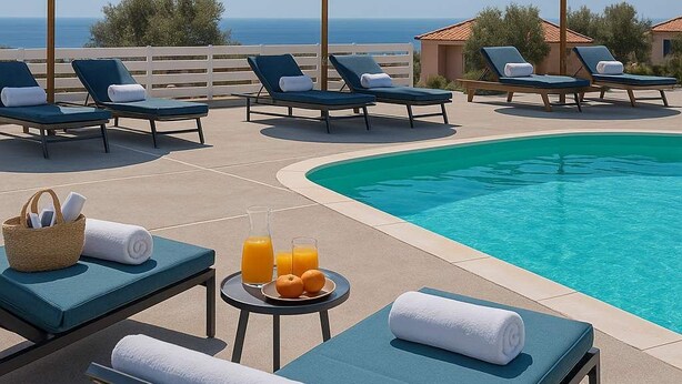 Ein Poolbereich mit Liegestühlen, Sonnenschirmen und einem Tisch mit Handtüchern und Getränken.