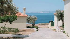 Ein Küstenpfad führt zu einem Gebäude mit rotem Ziegeldach, umgeben von Olivenbäumen und freiem Blick auf das Meer.