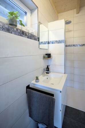 Shower, hair dryer, towels, soap