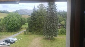 A view from a window overlooking a grassy area with trees and a distant mountain range. - Le bistrot du berger (Le Vernet)