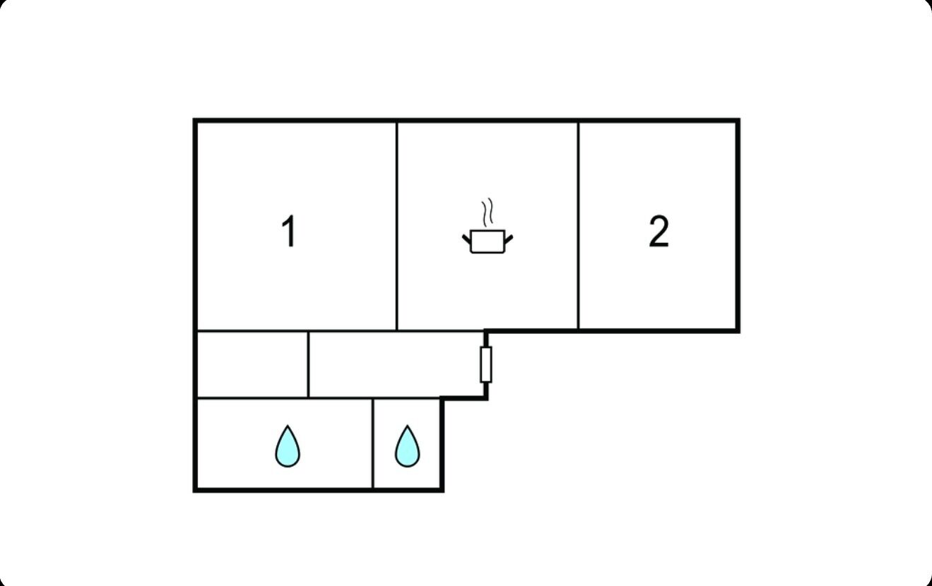 A floor plan with three labeled rooms, a kitchenette, and a bathroom with two sinks.