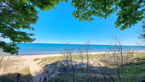 Ein Strand mit klarem, blauem Wasser, sandigem Ufer und vereinzelter Vegetation.