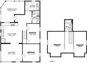 A floor plan with two bedrooms, a living room, an eat-in kitchen, a screened porch, a laundry area, and a bathroom. - Union Pier home w/Heated pool fire pit screened porch large yard (Union Pier)